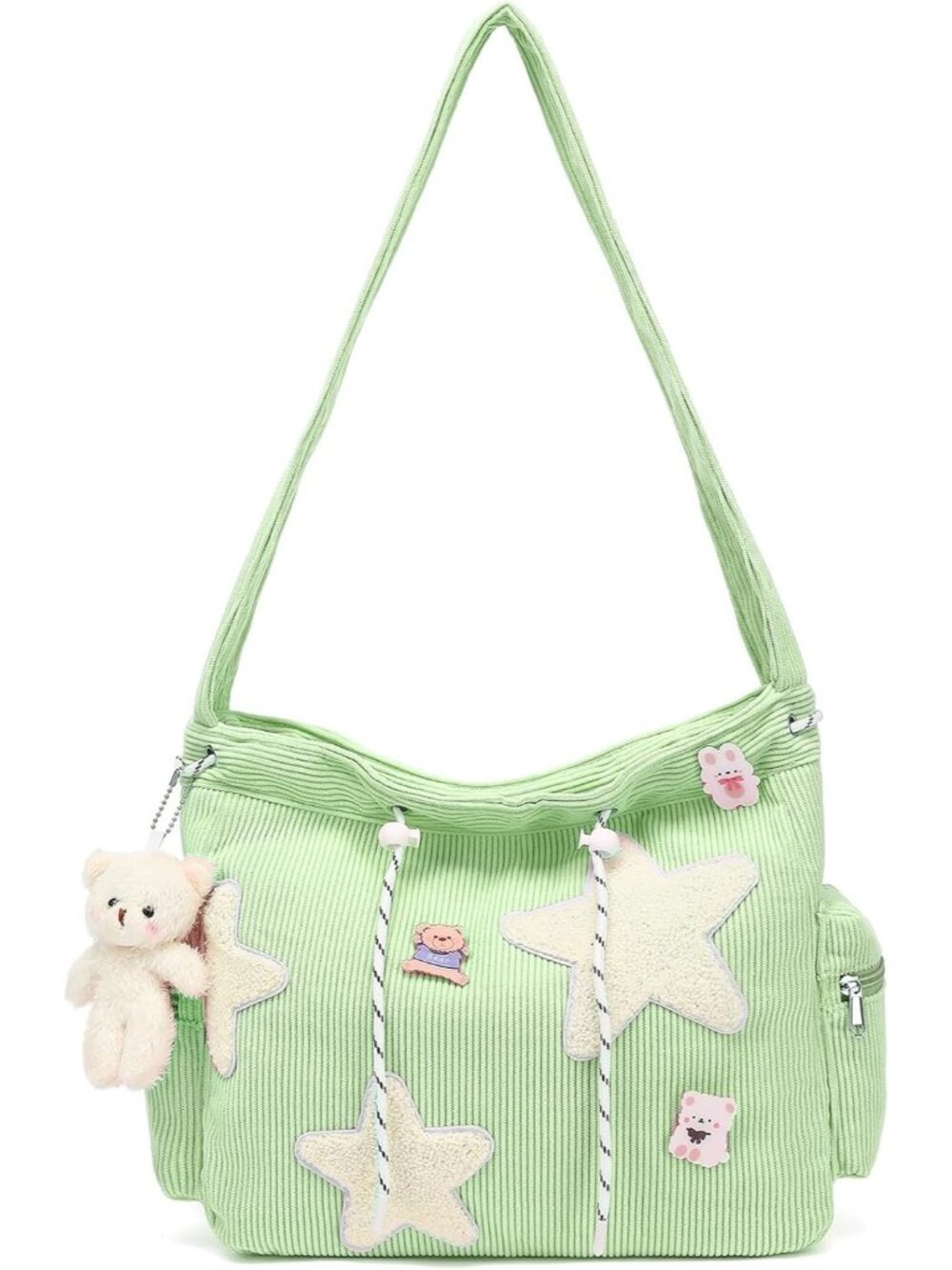 Women's Green Zipper Kawaii Corduroy Star Crossbody Shoulder Purse